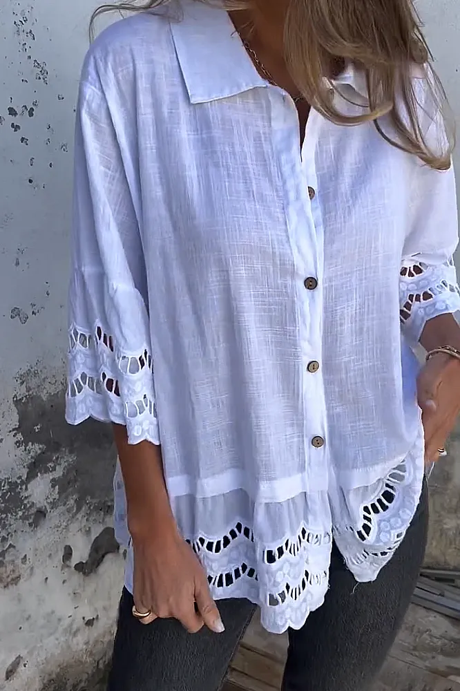 Women's solid color cotton and linen hollow out shirt