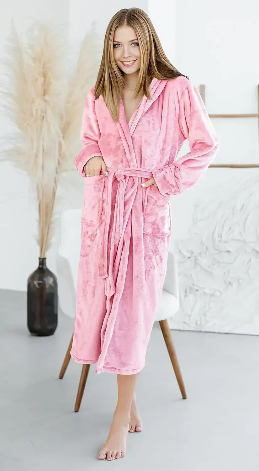 Women Fleece Shawl Collar Bathrobe - Plush Long Robe