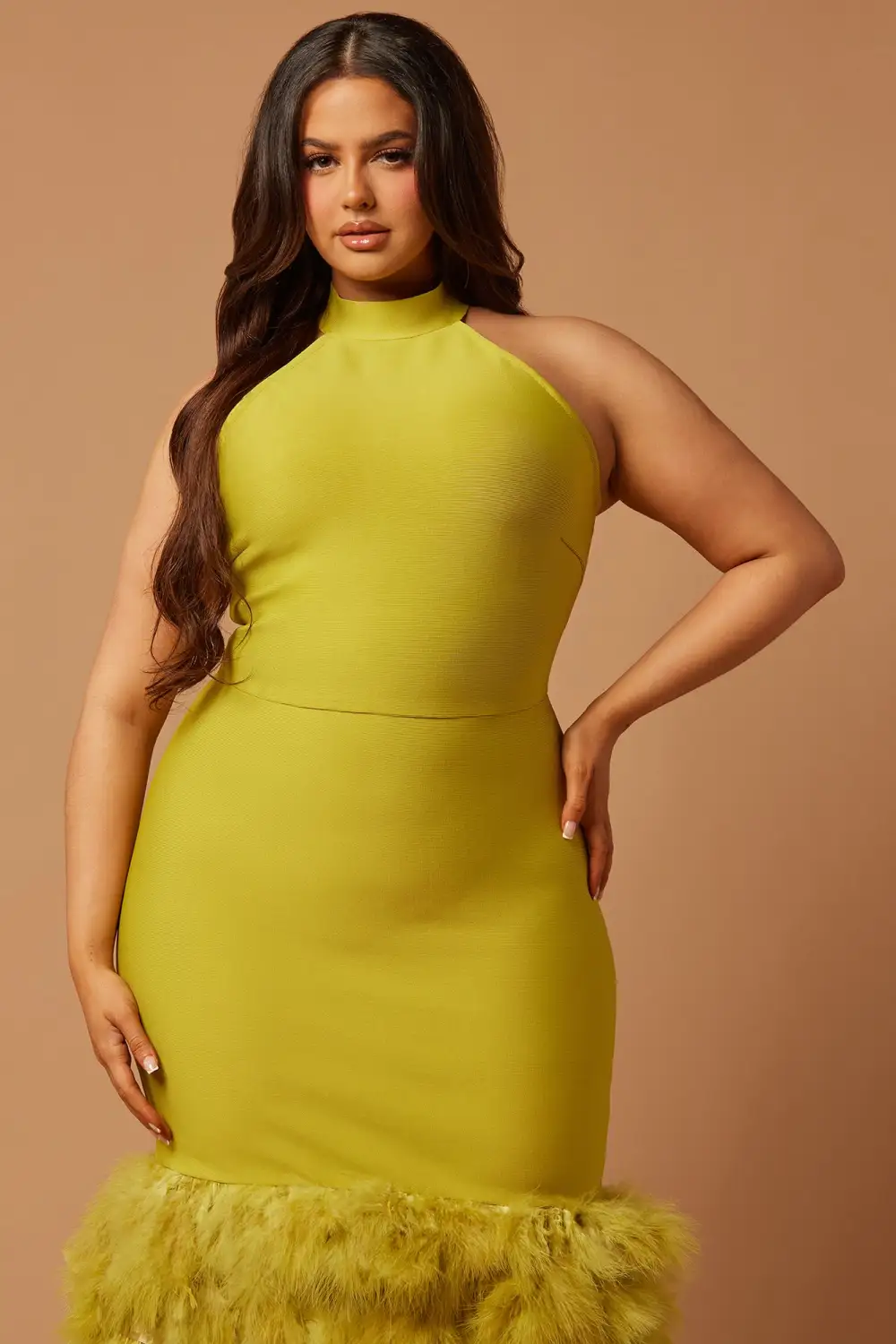 Bailey Feather Bandage Gown - Chartreuse