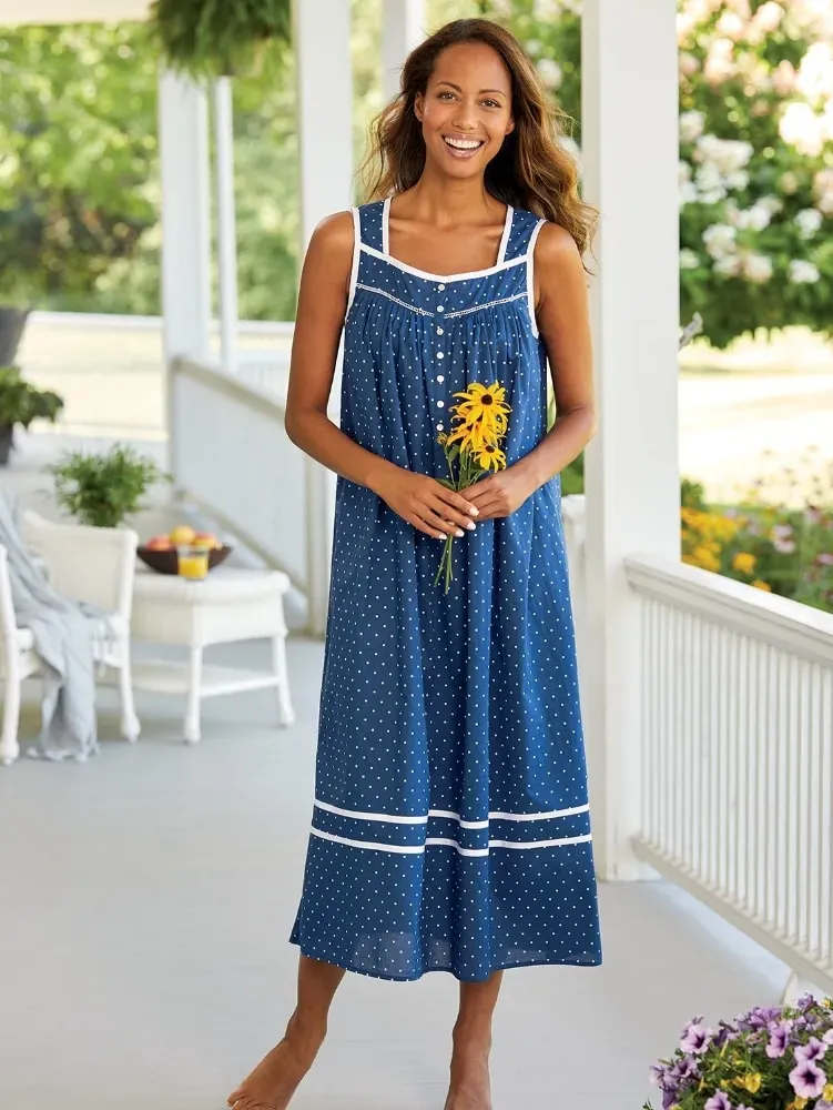 Eileen West Nautical Blue Polka Dot Cotton Nightgown