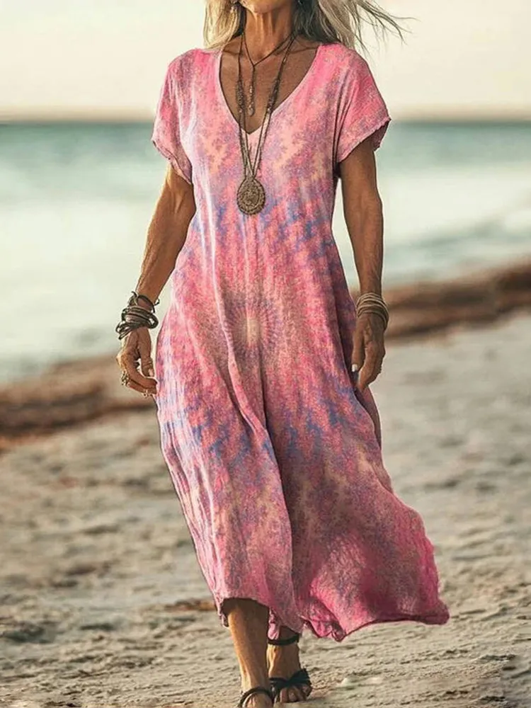 Vintage Gradient Art Pattern Linen Blend V-neck Loose Midi Dress