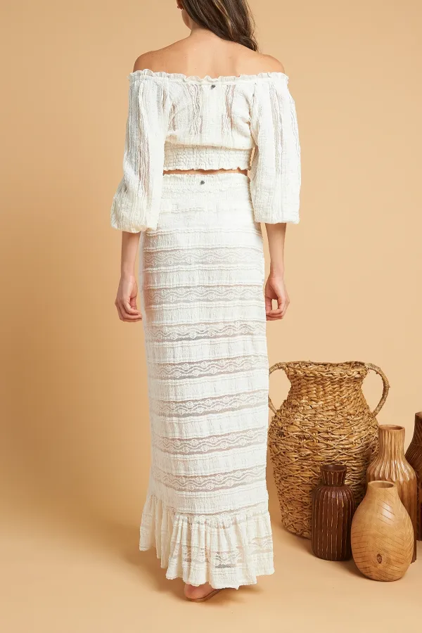 White Crochet Detail High Waisted Maxi Skirt