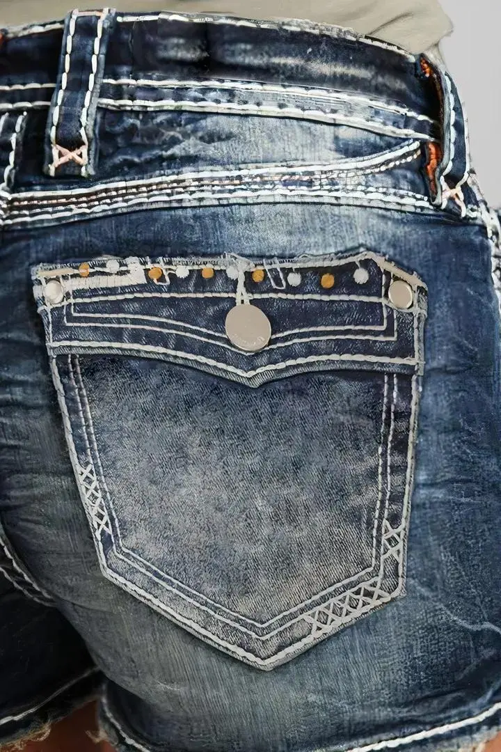 Wash Rhinestone Decor Flap Pocket Low Waist Denim Shorts