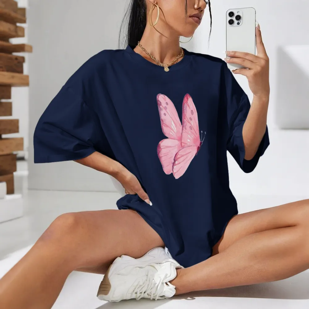 Pink Painted Butterfly Pattern Casual T-Shirt