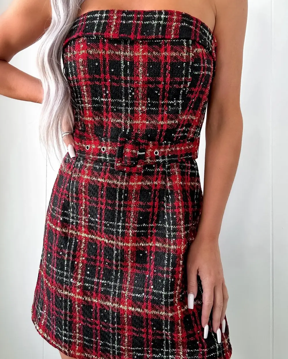 Classic Tweed Belt Dress - Red/Black