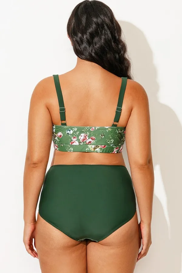 Army Green Flower Printed Women V-neck Fashionable Bikini Top