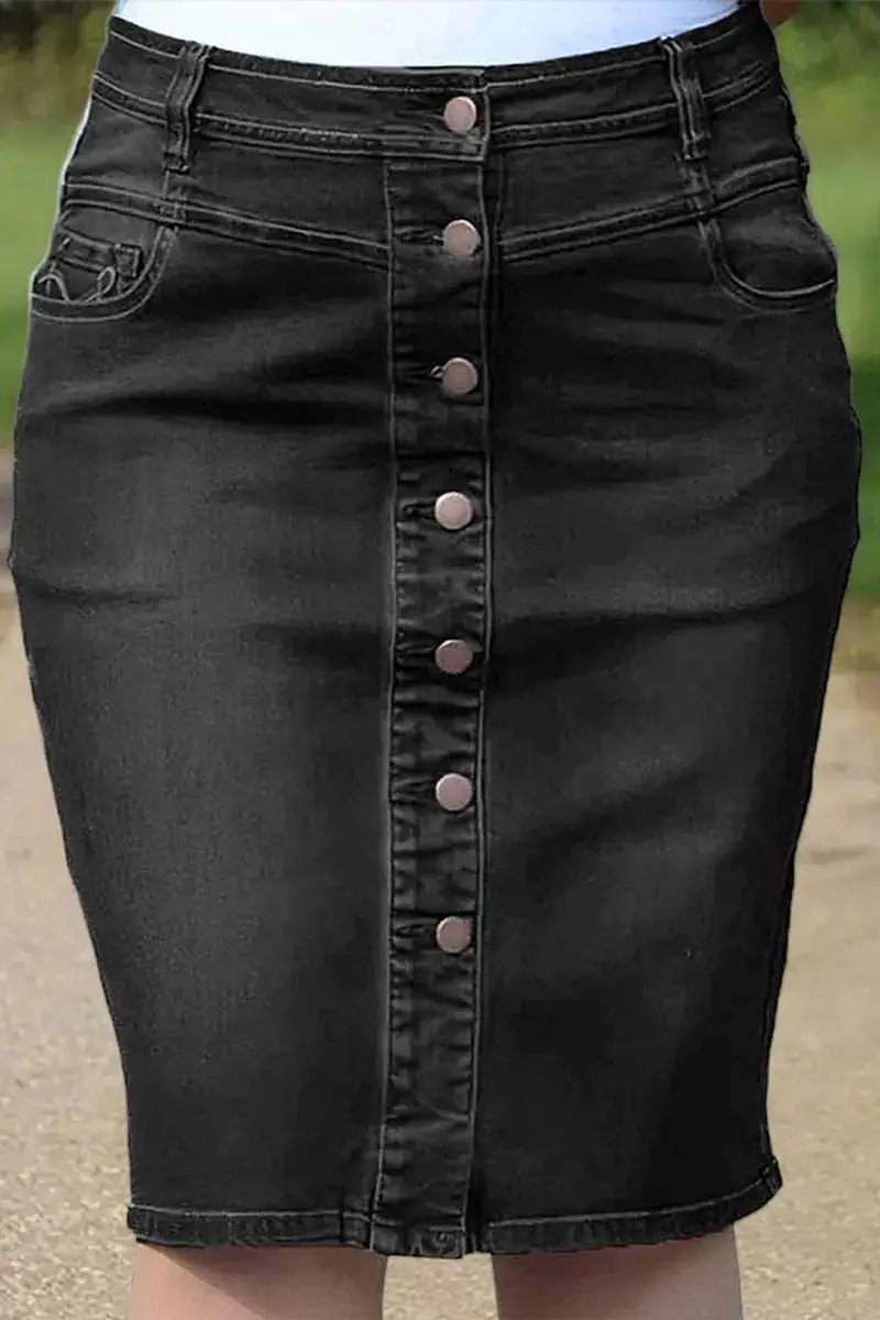 Wash Button Down Stitch Detail Denim Skirt