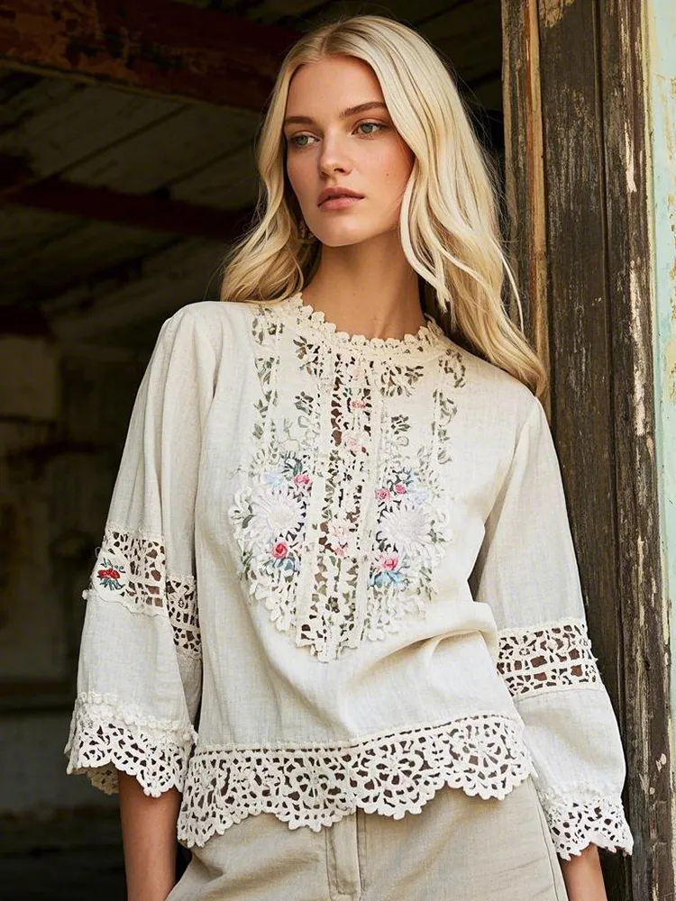 Elegant Lace Floral Embroidery Linen T-shirt