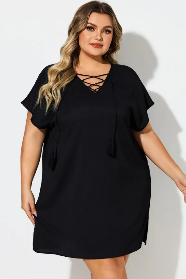 Black V-Neck Lace Up Cover Up Dress