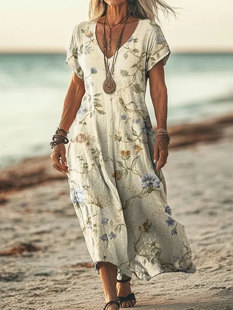 Vintage Floral Print Short Sleeved Linen Blend Midi Dress