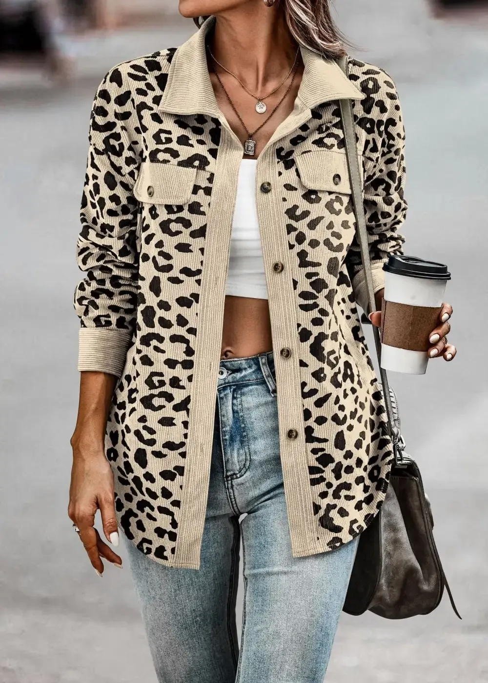 Women's Autumn and Winter Leopard Print Button Long Sleeve Jacket