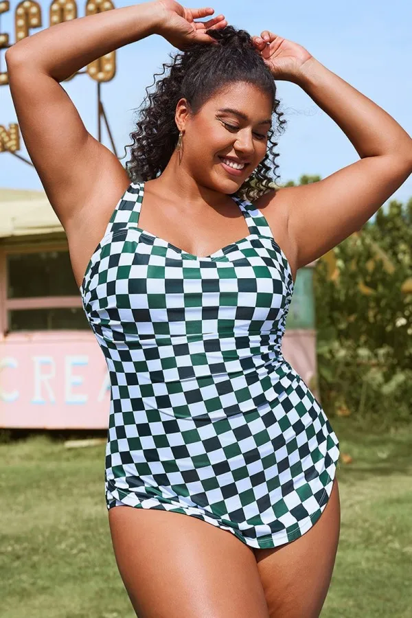 Light Green Check Sarong Front One Piece Swimsuit