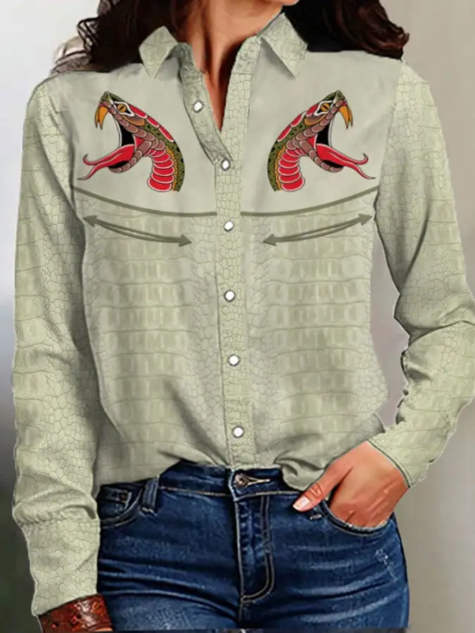 Women's Vintage Western Print Long Sleeve Shirt