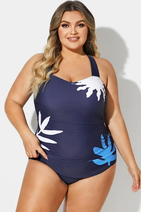 Navy H-Back Sarong Front One Piece Swimsuit
