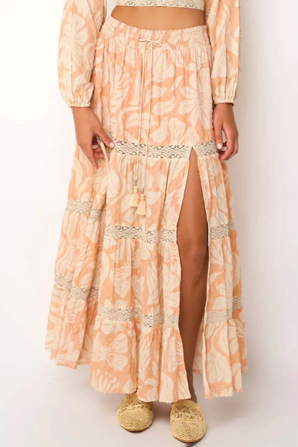 Peach Toned Floral Print Ruffled Maxi Skirt