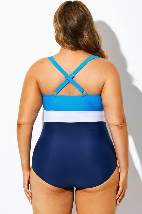 Blue & White Twist Front Skinny One Piece Swimsuit