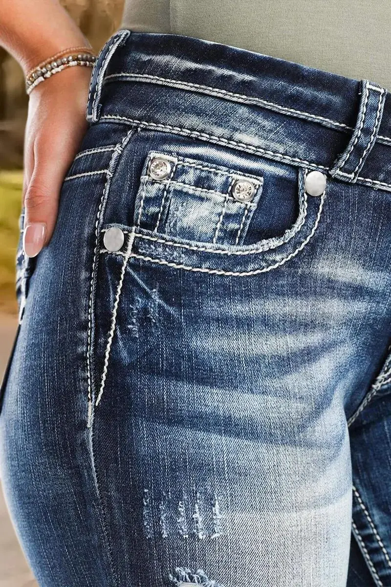 Ripped Roll Hem Double Button Mid Waist Denim Bermuda Shorts