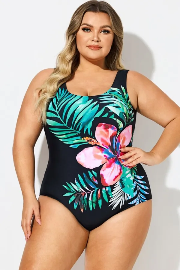 Plus Size Floral Print Sport One Piece Swimsuit