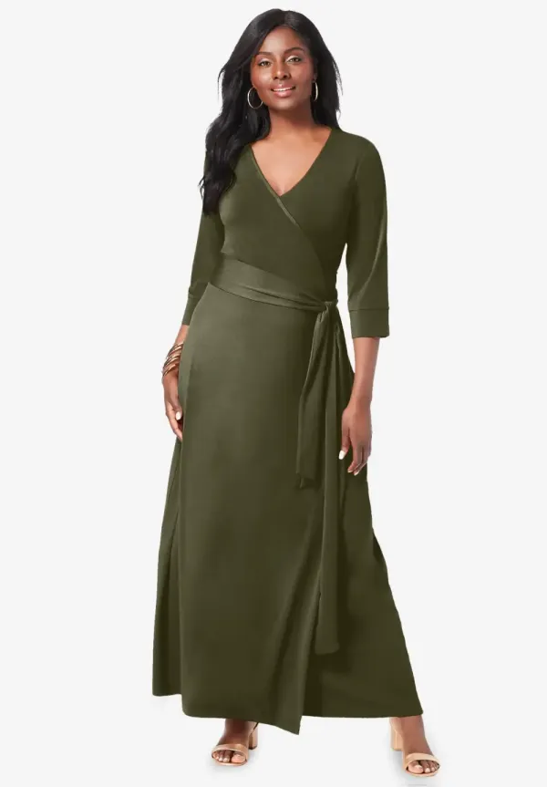 Stretch Knit Faux Wrap Maxi Dress