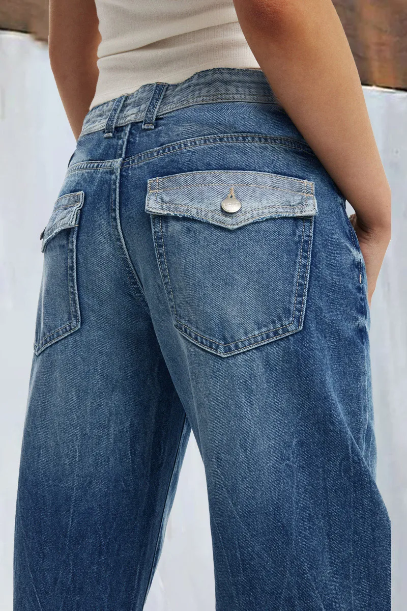 Wash Flap Pocket Back Low Waist Straight Leg Jeans