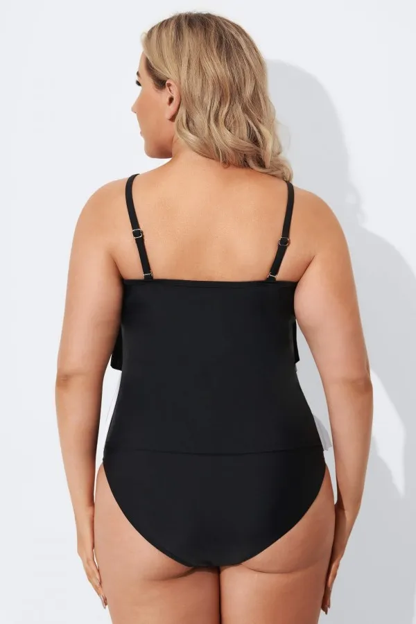 Plus Size Colorblock V-Neck Ruffle Women Tankini Top