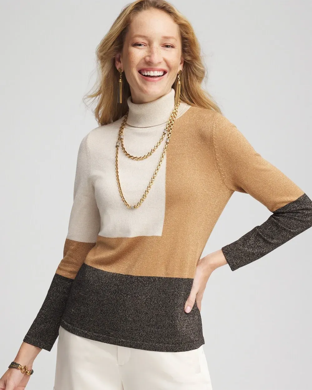 Neutral Colorblock Turtleneck Sweater