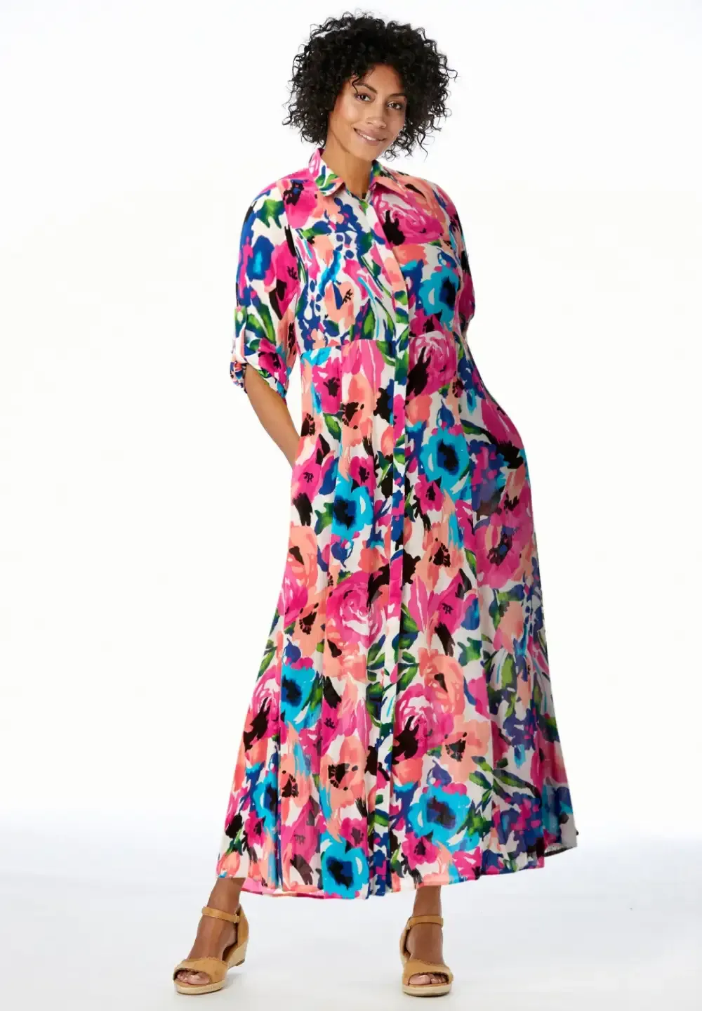 Roll-Tab Sleeve Crinkle Shirtdress