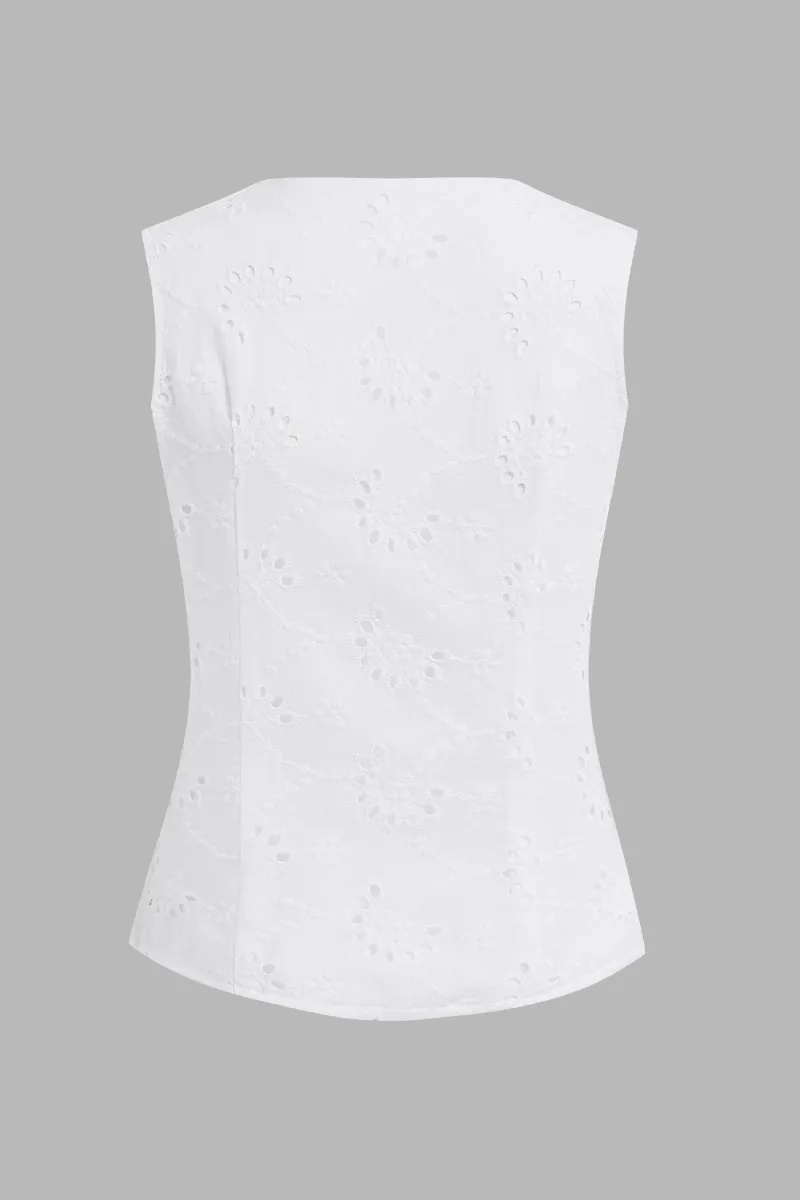 Solid Eyelet Embroidery Button Front V Neck Asymmetrical Vest