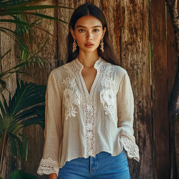 Women's Retro Floral Lace Embroidery Art V-neck Shirt