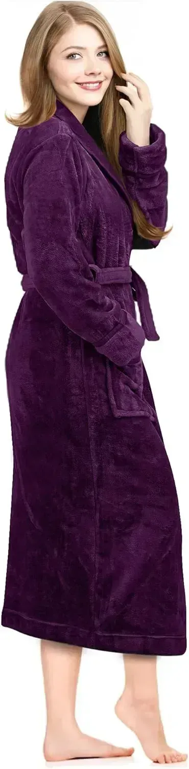 Women Fleece Shawl Collar Bathrobe - Plush Long Robe