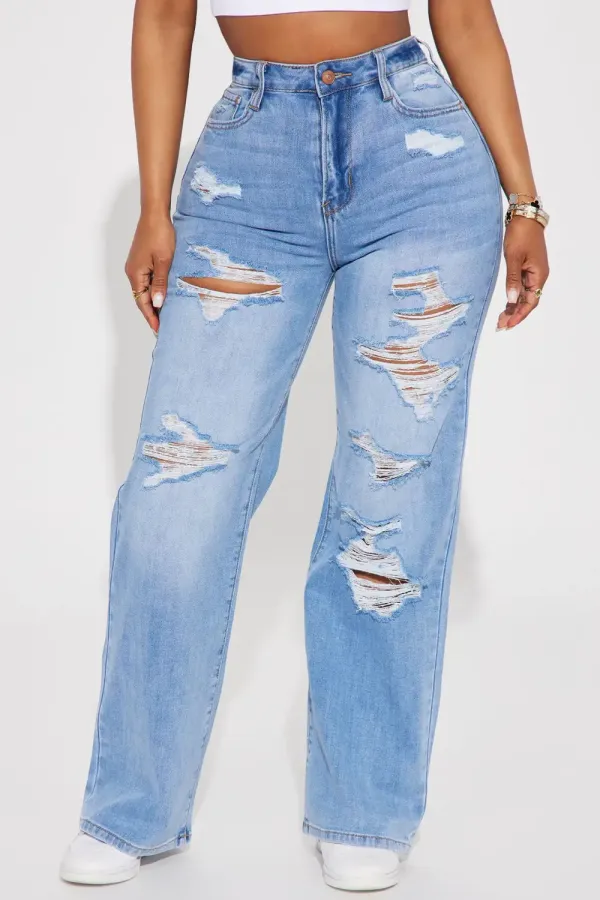 Watch Me Ripped Wide Leg Jean - Light Wash