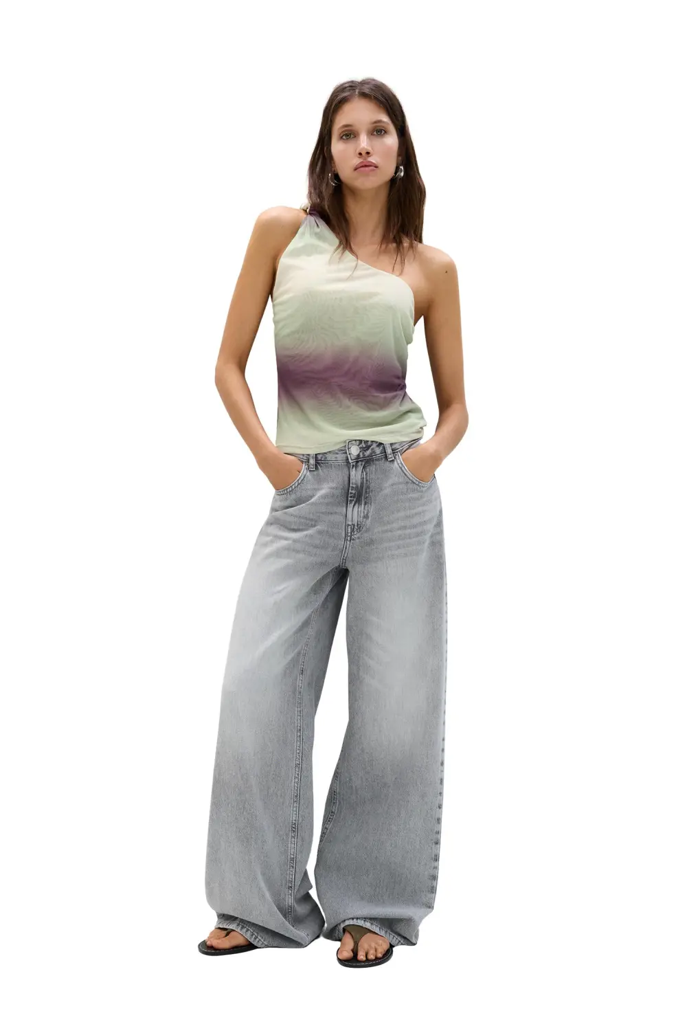 Asymmetric tulle top with a knotted strap