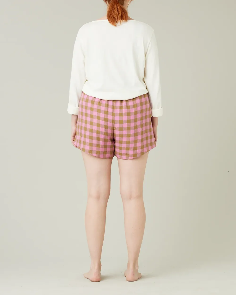 SHORTS PINK & OLIVE CHECK LINEN