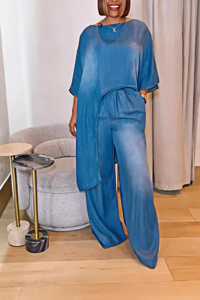 Women's Fashion Gradient Irregular Top and Pants Two Piece Set
