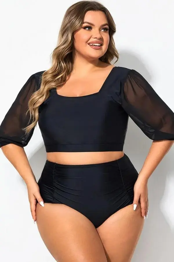 Square Neck Short Mesh Puff Sleeve Bikini Top