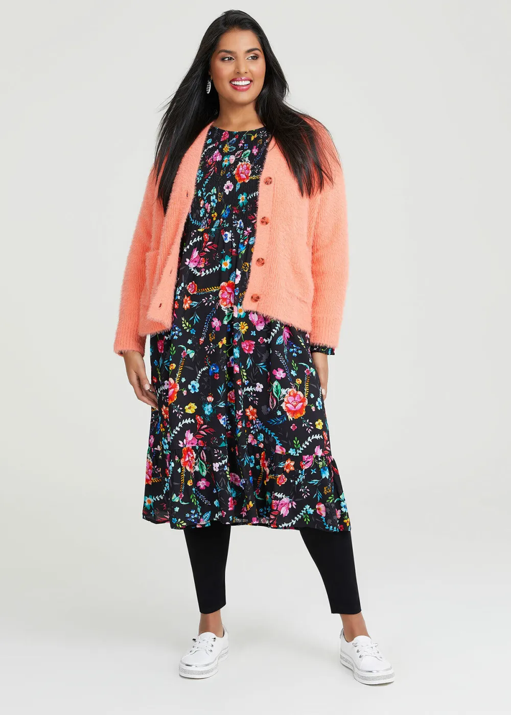 Natural Shirred Floral Dress