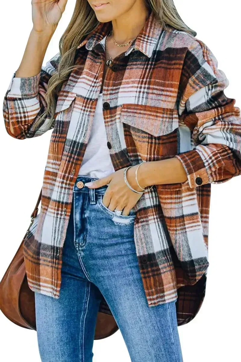 Womens Casual Plaid Shacket Button Down Long Sleeve Shirt