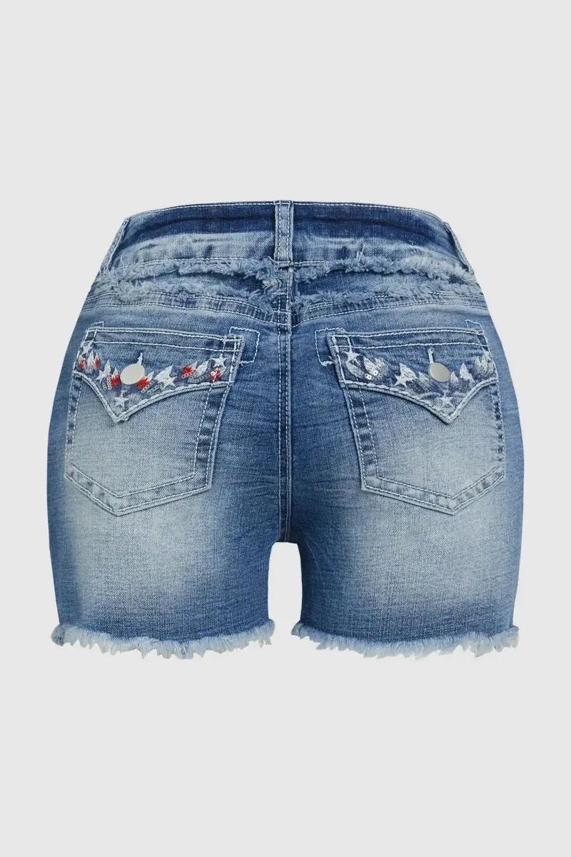 Embroidery Detail Raw Hem High Waist Denim Shorts