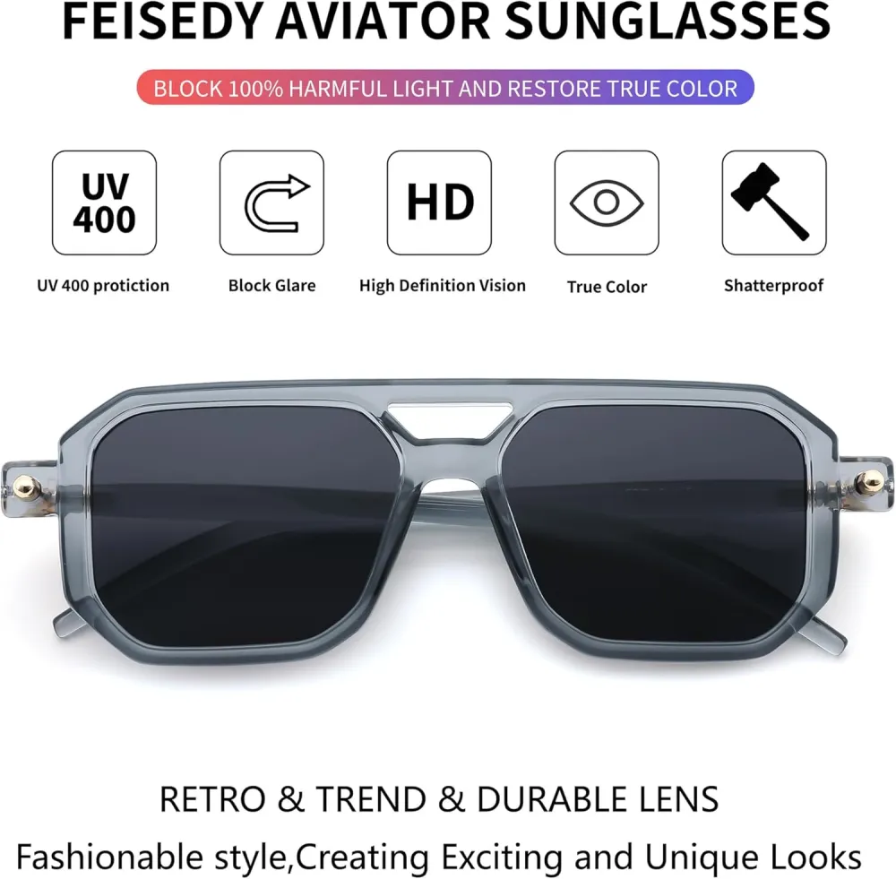 FEISEDY Vintage Square 70s Flat Aviator Sunglasses Women Men Classic Retro Stylish Frame UV400 Sunglasses B2622