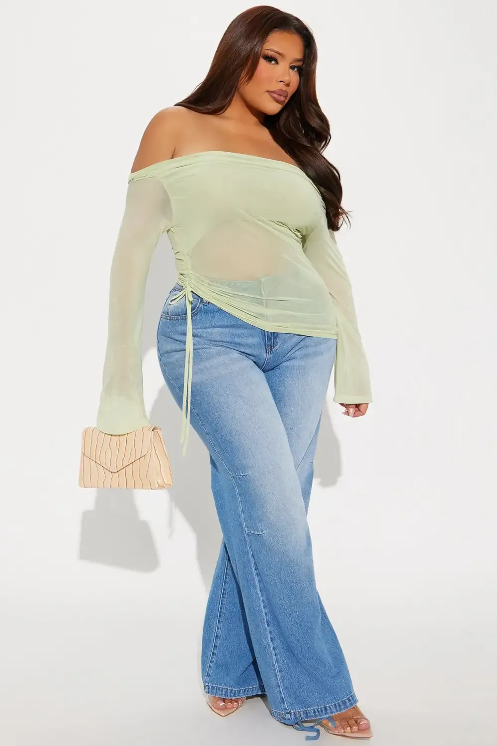 Molly Mesh Off Shoulder Top - Sage