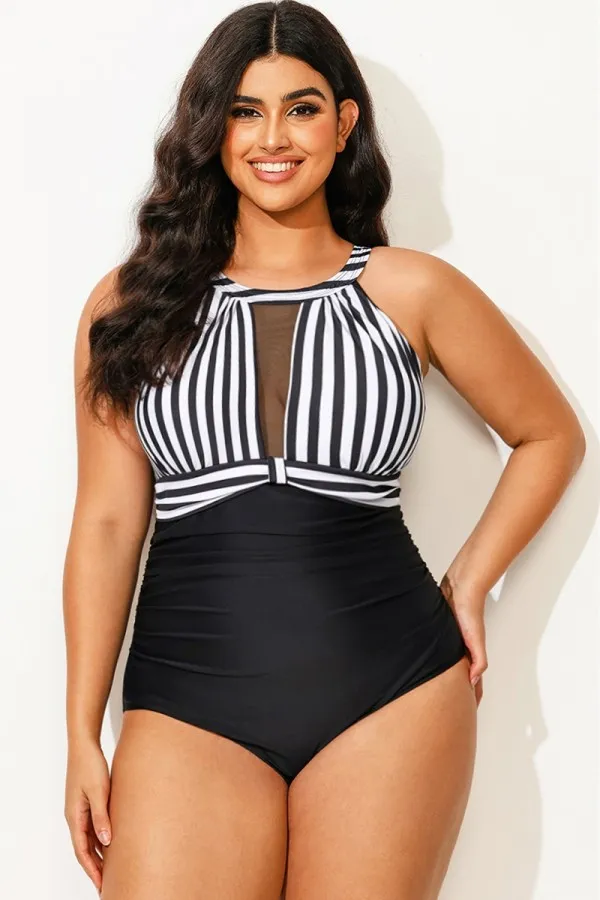 Stripe High Neck Mesh Ruched One Piece Swimsuit