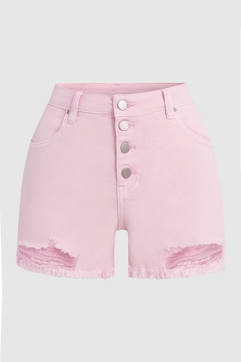 Solid Ripped Raw Hem Button Fly Mid Rise Denim Shorts