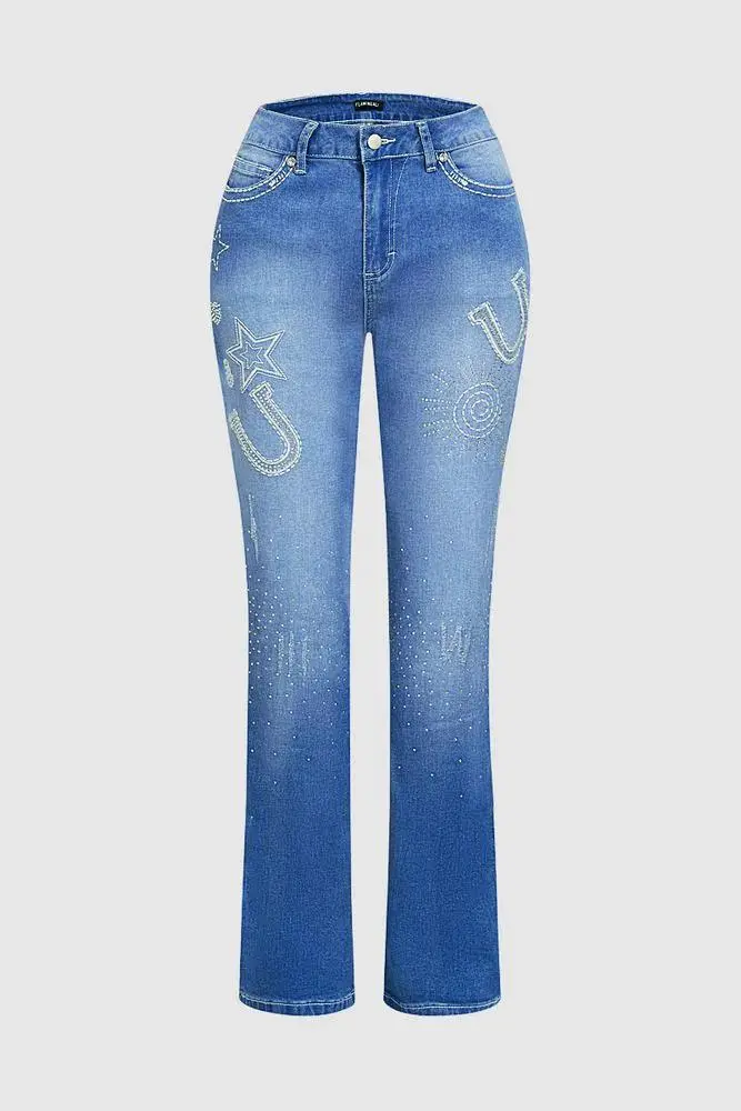 Embroidered Rhinestone Decor High Waist Bootcut Jeans Without Belt