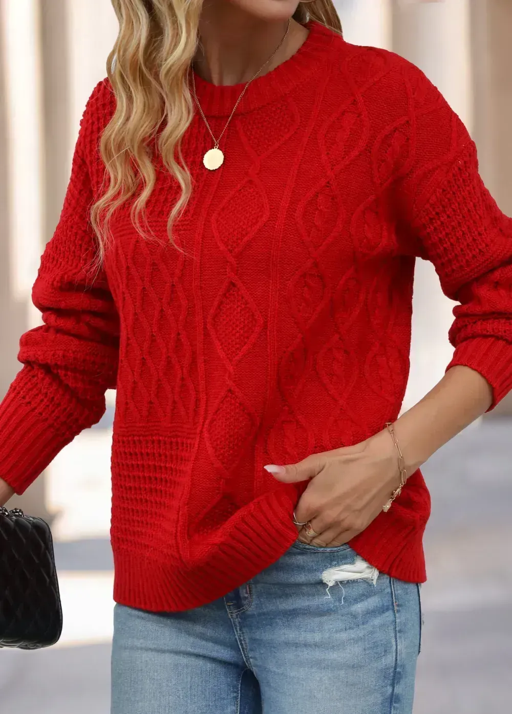 Red Weave Long Sleeve Round Neck Sweater