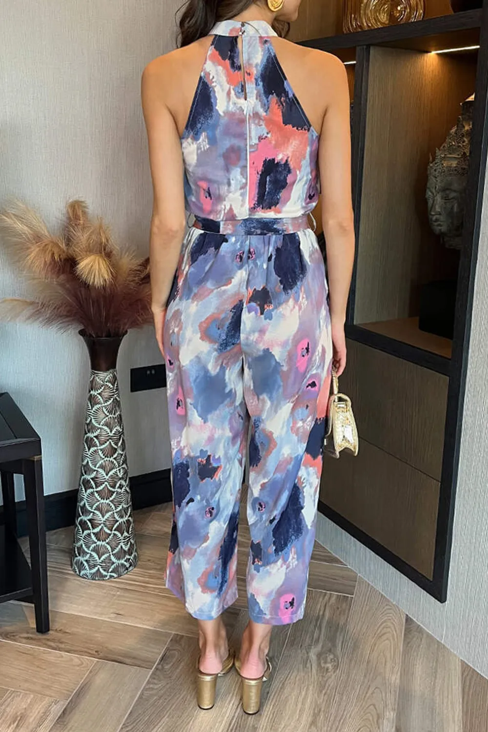 Colorful Art Print Women's Sleeveless Turtleneck Jumpsuit