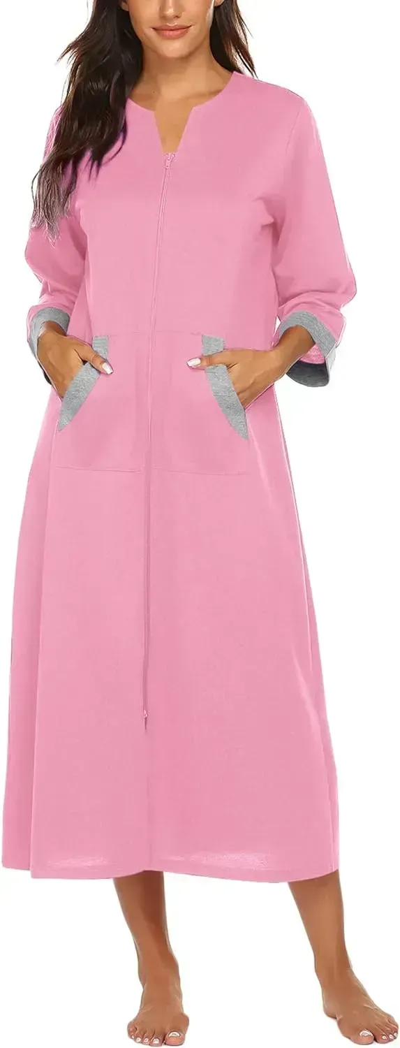Women Zipper Robe 3/4 Sleeves Loungewear Dress Full Length Sleepwear Pockets Housecoat Nightgown Long Bathrobe