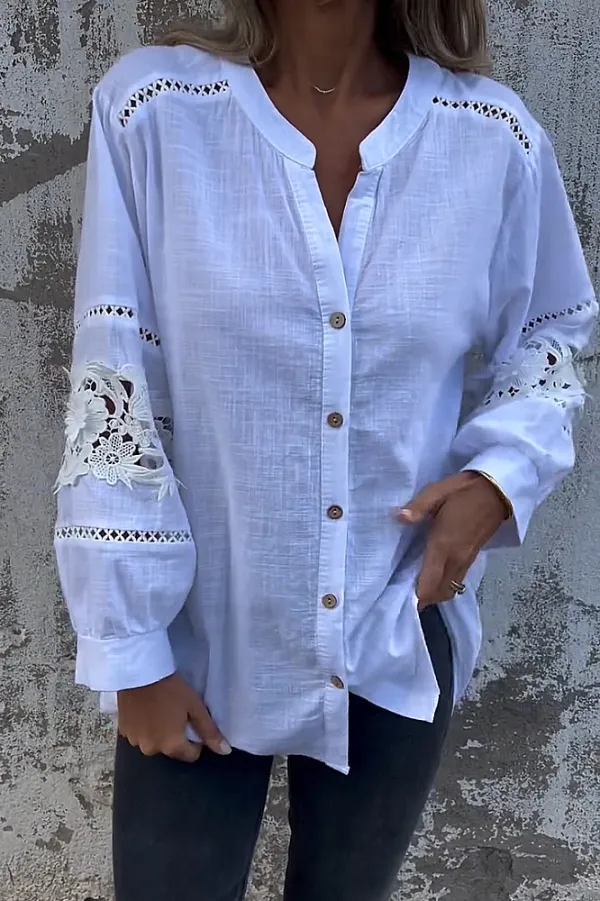 Women's solid color cotton and linen hollow out shirt