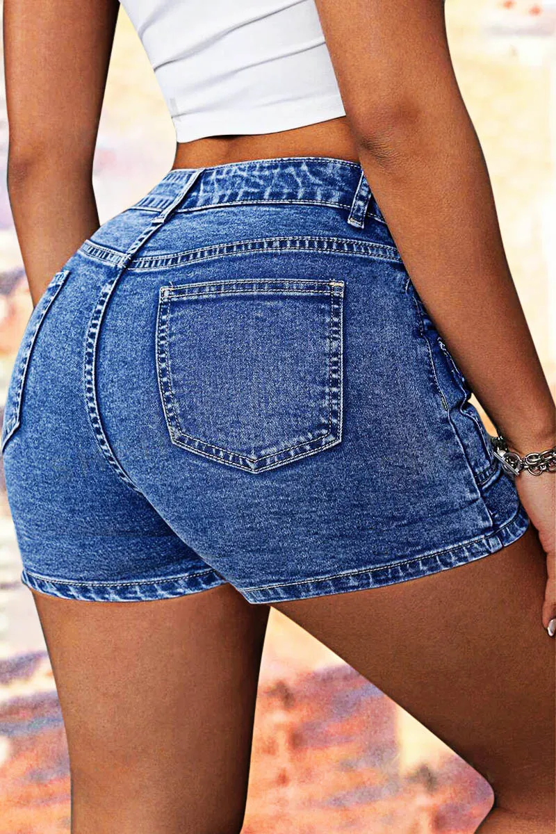 Wash Flap Pocket Front Mid Waist Denim Shorts