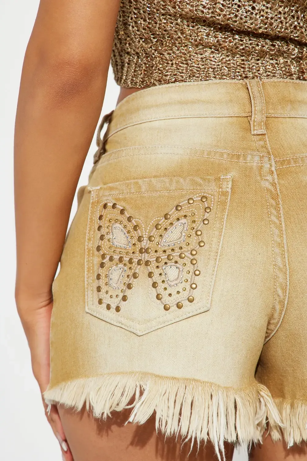 So Fly Y2K Butterfly Denim Shorts - Tan
