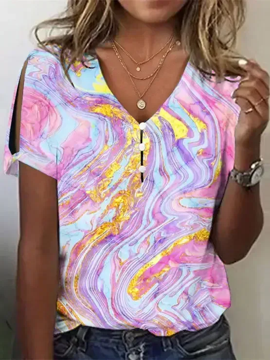 Women's Colorblock Hollow Short Sleeve V-neck Top